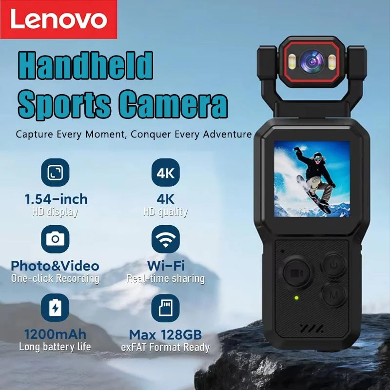 Lenovo 2026 New 1080P HD Action Camera with Screen Wi-Fi Rotating Lens Night Shooting Flash Portable Handheld Vlog Recorder