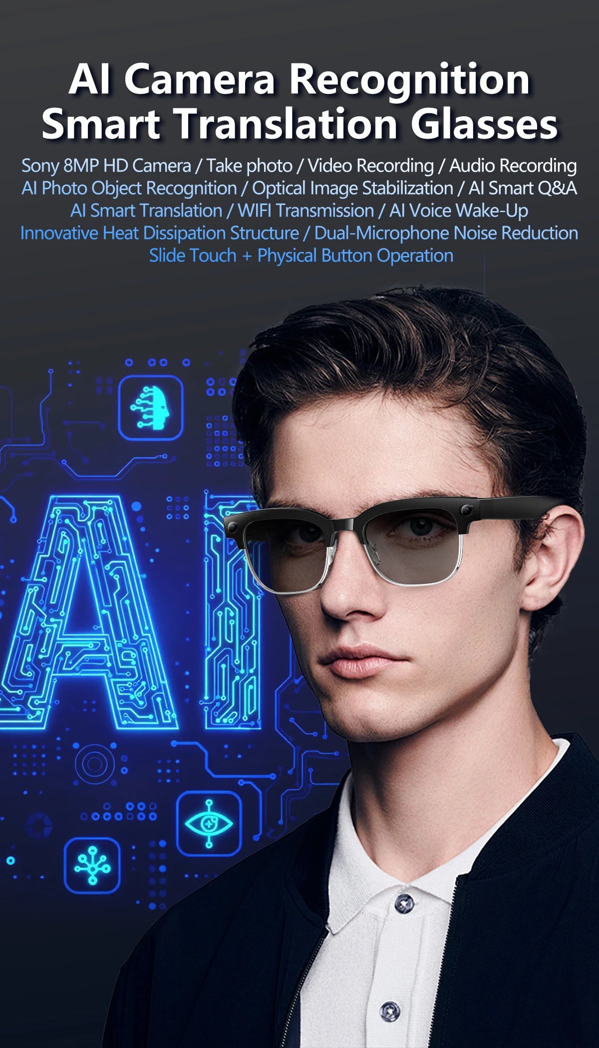 2026 New AI Smart Glasses 800W HD Camera Glasses Photo Recognition Video Record Translation Call Waterproof Sunglasses Men Women