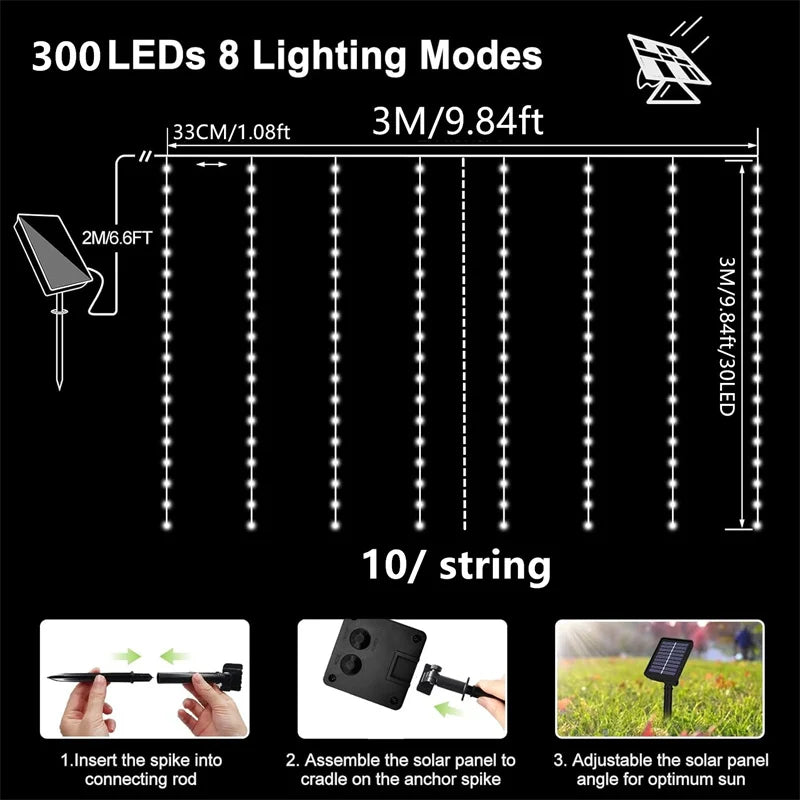 Solar LED Curtain Light Outdoor Garland Solar Fairy String Light Copper Wire Lamps for Garden Yard Wedding Party Holiday Decor