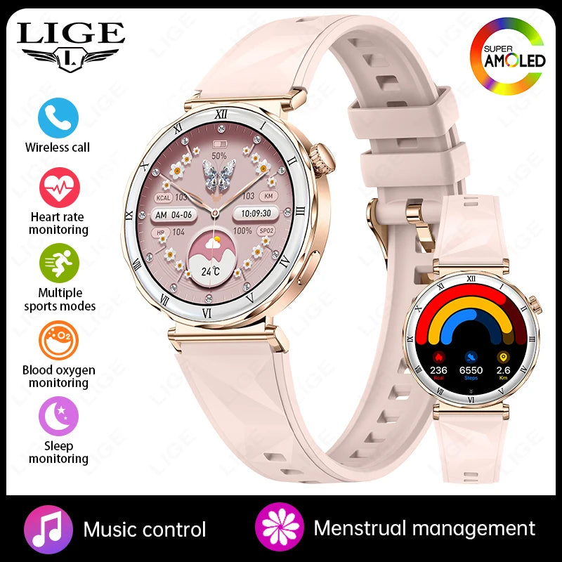 LIGE 2026 New Smartwatch Women 1.19" AMOLED Screen Always On Display Bluetooth Call Waterproof Lady Smart Watch For Android iOS