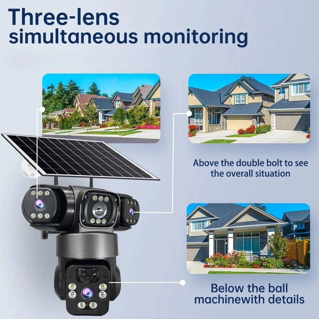 15MP 8K Wifi IP Camera Solar Outdoor Waterproof Three Lenses Camera HD Low Power Battery PIR Night Vision CCTV Security Cam