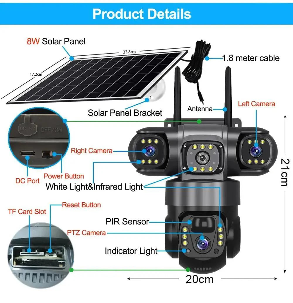 Solar Camera Outdoor Three Lens Three Screens PTZ IP Camera PIR Human Detect CCTV Security Built-in Battery 15MP 8K WIFI Camera