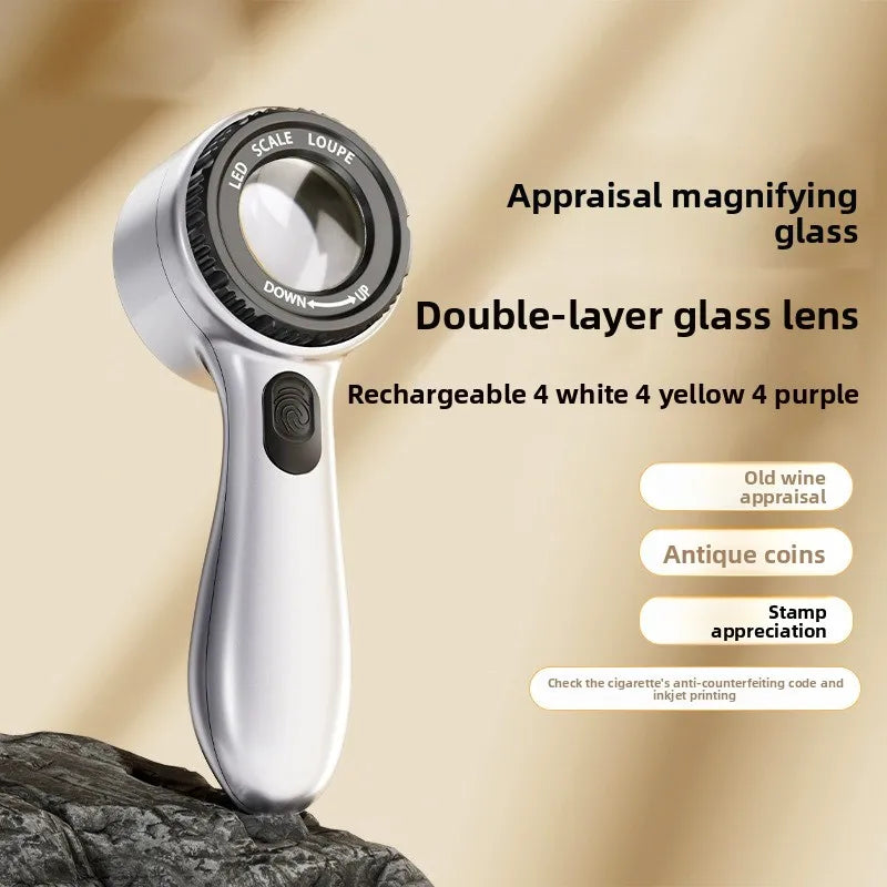 Magnifying Glass Rechargeable with UV Light High-definition High Magnification with Scale for Identifying Jewelry and Stamps