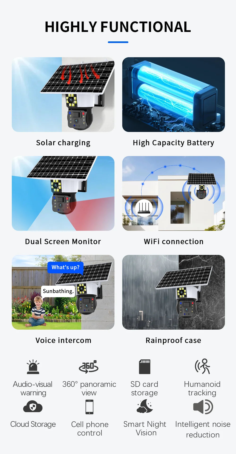 8MP 4K WiFi Solar Camera Outdoor Dual Lens Dual Screen Gimbal IP Camera With Solar Panel Rechargeable AI Motion Detection