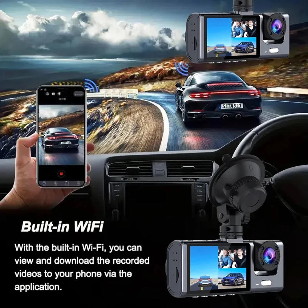 HONGTONG 2 Inch 3 Lens Car Dash Cam 1080P HD Night Vision Front Inside Rear Recording with WiFi