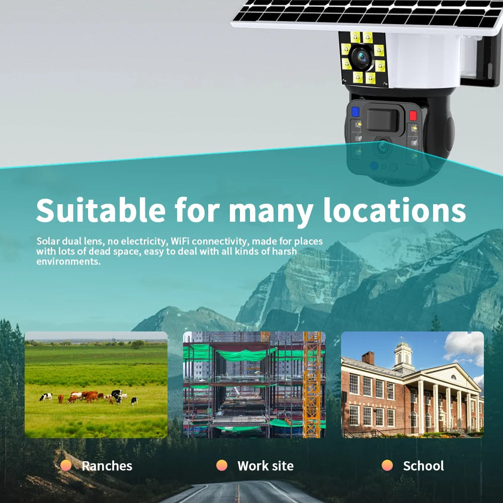 8MP 4K WiFi Solar Camera Outdoor Dual Lens Dual Screen Gimbal IP Camera With Solar Panel Rechargeable AI Motion Detection