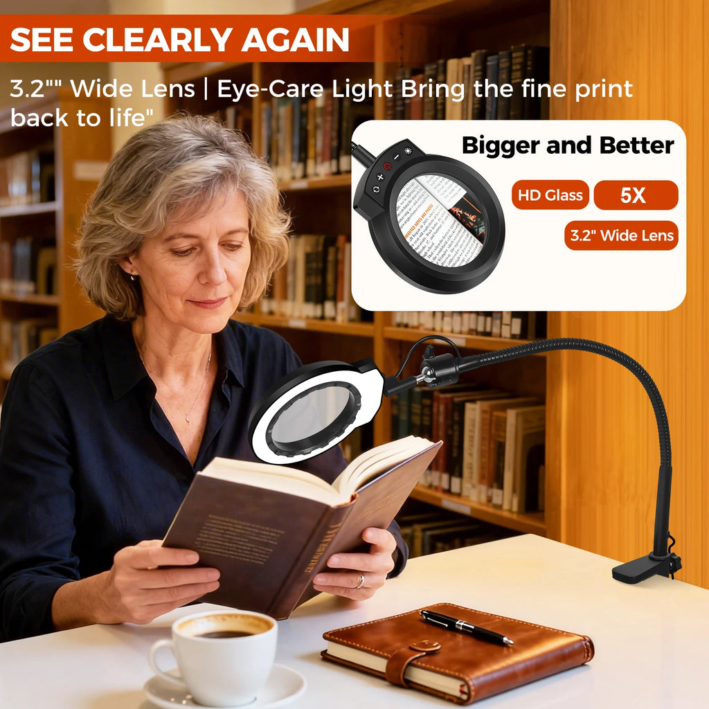 5X Magnifying Glass with Light 5 Color Modes Dimmable Lighted Magnifying Lamp Glass for Reading, Close Work, Hobbies, Crafts