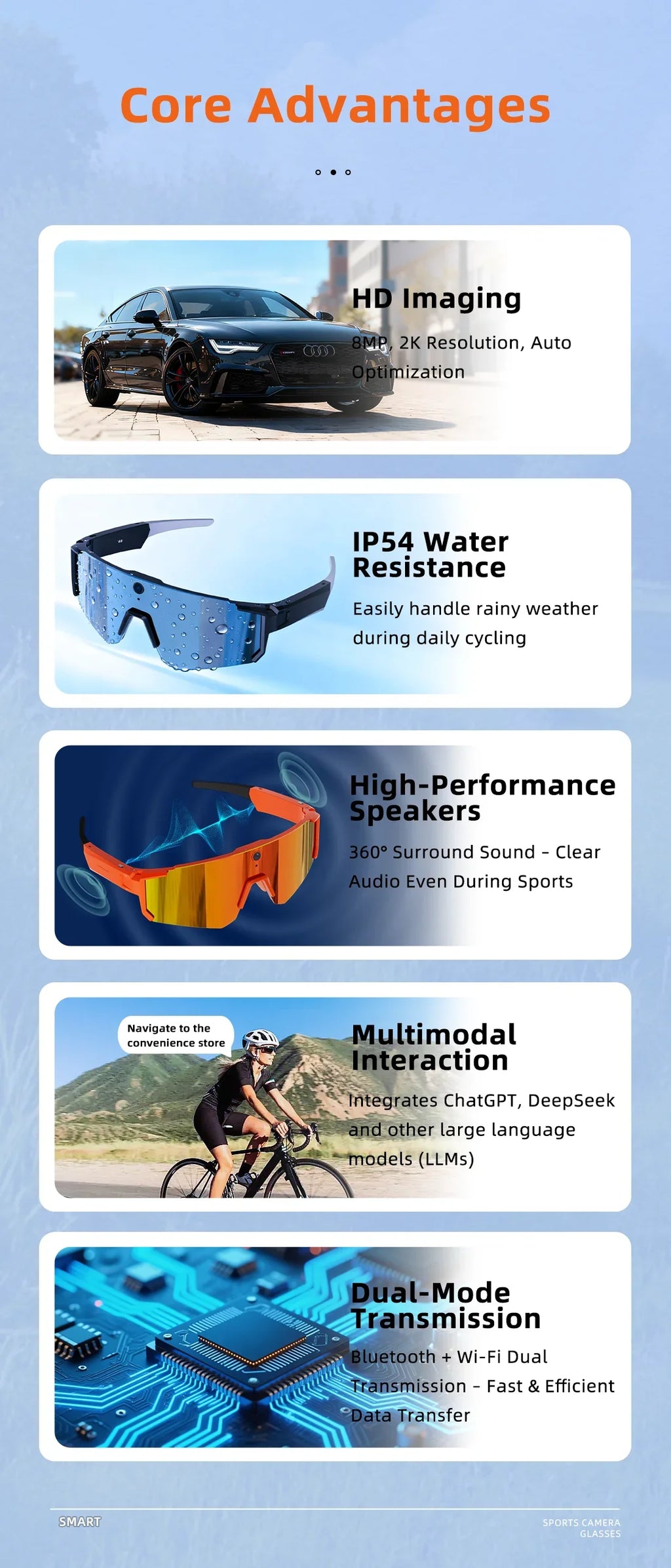 2026 New AI Smart Glasses 800W Camera HD Anti-shake Bicycle Riding Shooting&recording IP54 Water & Dust Translation Smartglasses