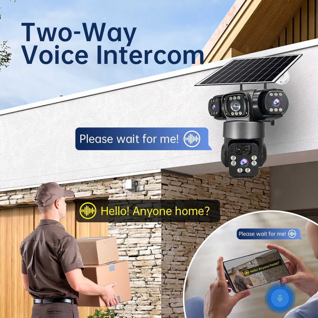 Solar Camera Outdoor Three Lens Three Screens PTZ IP Camera PIR Human Detect CCTV Security Built-in Battery 15MP 8K WIFI Camera