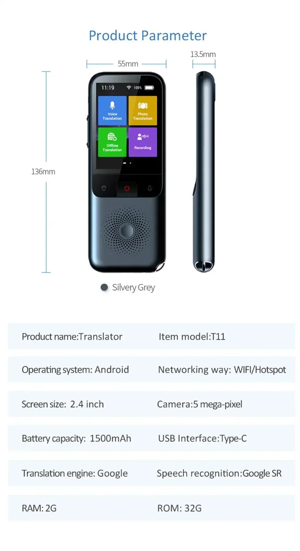 Portable T11 Smart Voice Translator, Supports 137 Languages, Real-Time Multilingual Speech Interaction, Offline Translation Devi